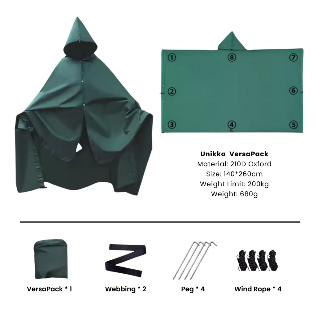 Unikka VersaPack 4-in-1 - Regenponcho, Hängematte, Überdachung & Bodenmatte